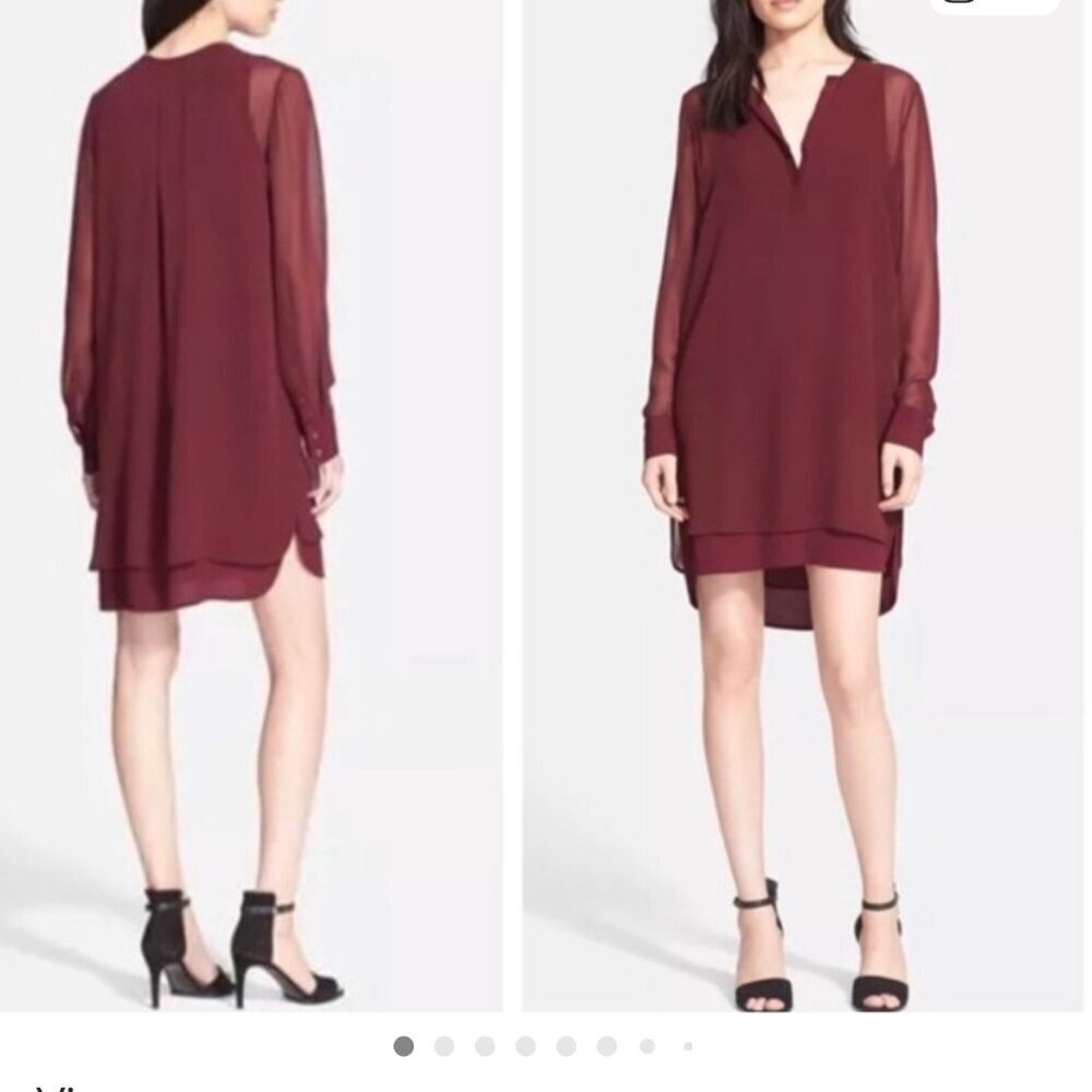 Vince Silk Blend Sheer Long Sleeve Burgundy Shift Dress Tunic Size 4